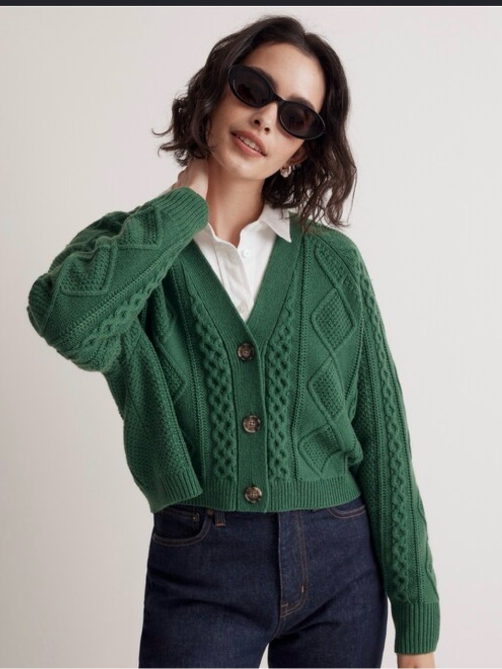 Madewell Cable-Knit Cropped Cardigan Varsity Green XS